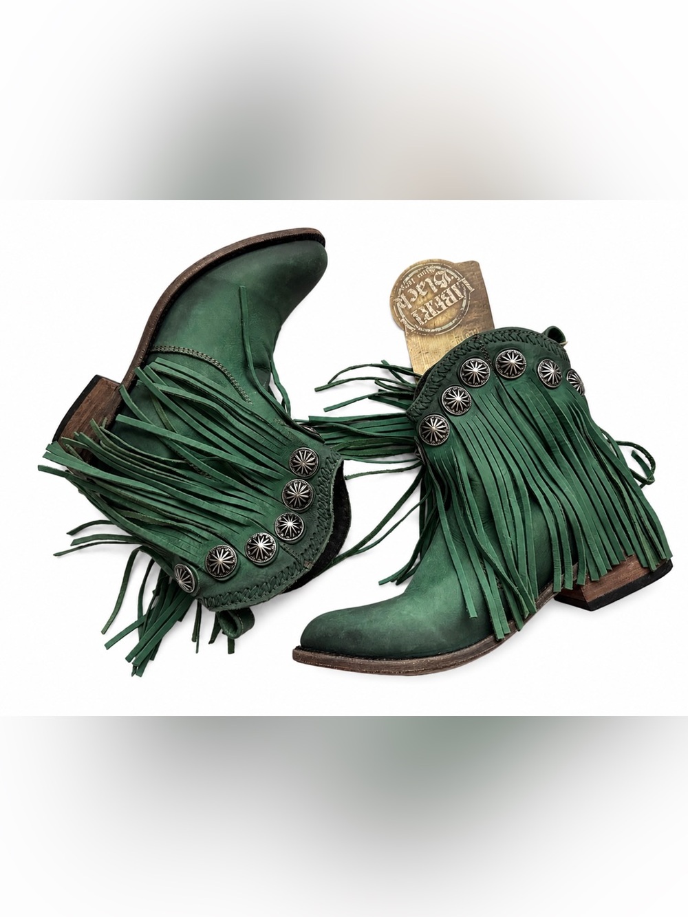 Liberty Black Green Leather Fringe Western Ankle Boots Size 7.5 BNWT